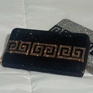 Black Crystal Zip Wallet with Gold Greek Key Accent
